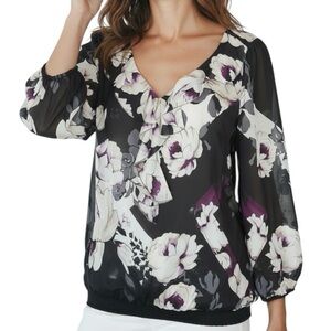 WHITE HOUSE BLACK MARKET Floral Sheer Sleeve V-Neck Ruffle Blouse Size Large